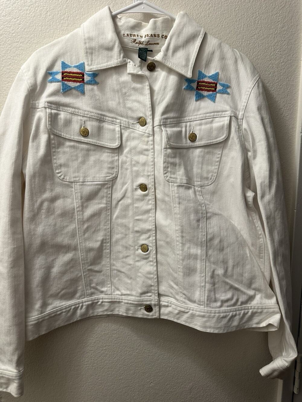 VTG Lauren Jeans Co Ralph Lauren White Denim Jacket Southwestern Aztec Beaded XL